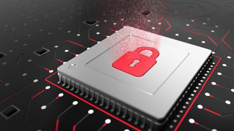 板载 CPU 的 3D 渲染图，附有代表工业网络安全和数据保护的 CPU 锁定符号。