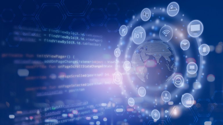 Application development/digital transformation concept with icon representing networking and connectivity on a blue background.