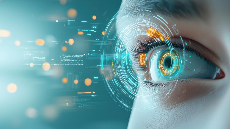 观看数字数据的眼部的高科技特写图像
