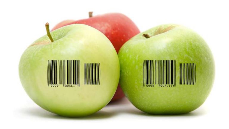 red apple and two green apples infront with a barcode on each of them
