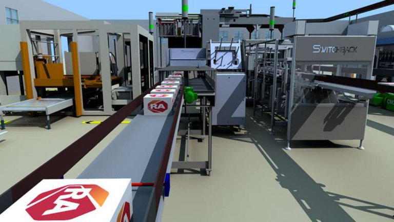 3D 传送系统模型正在移动 Rockwell Automation 包装盒