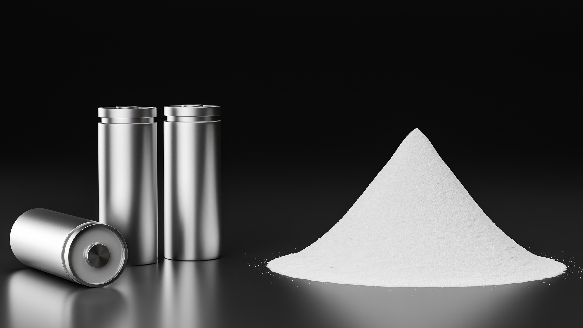Pile of lithium-rich salt material from deposits for Li-Ion battery manufacturing in EV industry, Lithium hexafluorophosphate extract from rechargeable energy cell in recycling process 3D illustration.