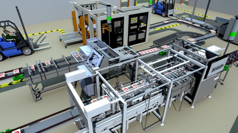 操作中的工业自动化系统 3D 模型鸟瞰图