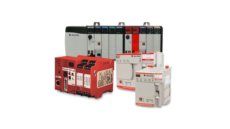 右侧是两个灰色 Compact GuardLogix 控制器的拼贴图片，左侧是红色紧凑型安全 IO 模块的水平叠加，后面有一个带有控制器模块的机架和单个红色安全模块。