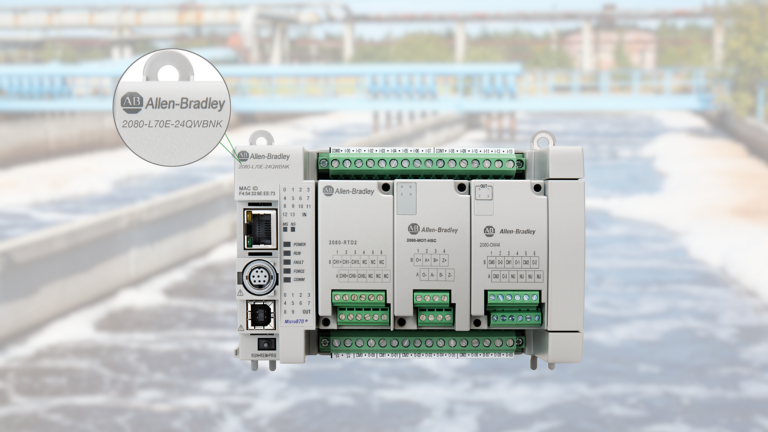 水/污水应用背景中的 Allen-Bradley Micro870 2080-L70E-24QWBNK 控制器。